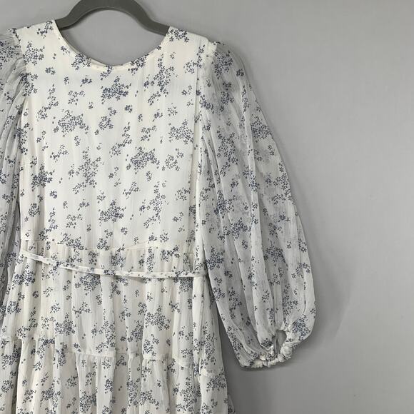 Abercrombie & Fitch Women Dress S White Blue Floral Sheer Balloon Sleeve Chiffon - Picture 2 of 11